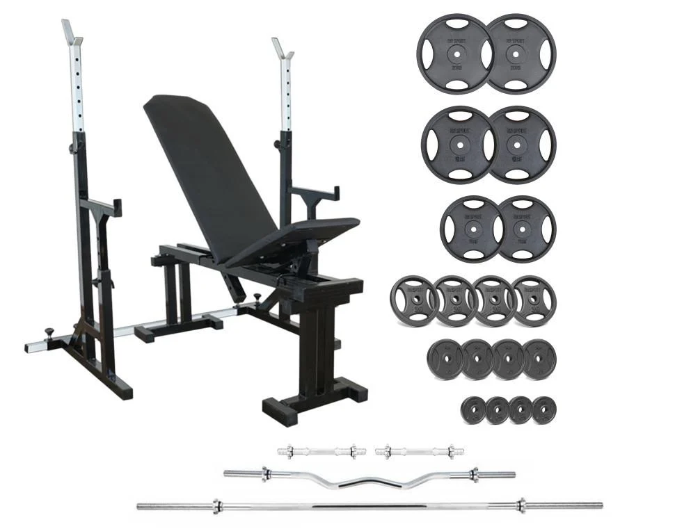 Скамейка RN-Sport 090 со стойками со страховочными упорами UM 0150/125 кг дисками/грифами (2522949980_rn-sport_2)