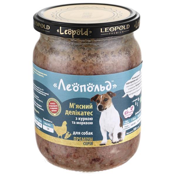 Деликатес мясной Леопольд с курицей и морковью для собак стеклянная банка 500 г 6 шт. (000019395)