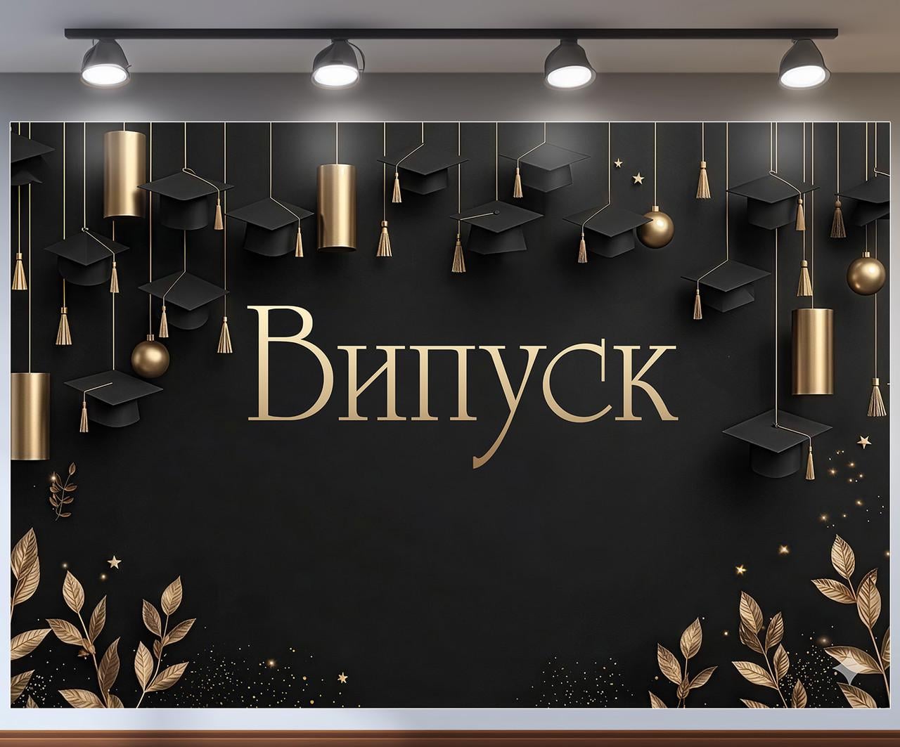 Баннер для фотозоны на выпускной "Випуск" черная с подвесными академическими шапками и золотом 240x160 см №41406