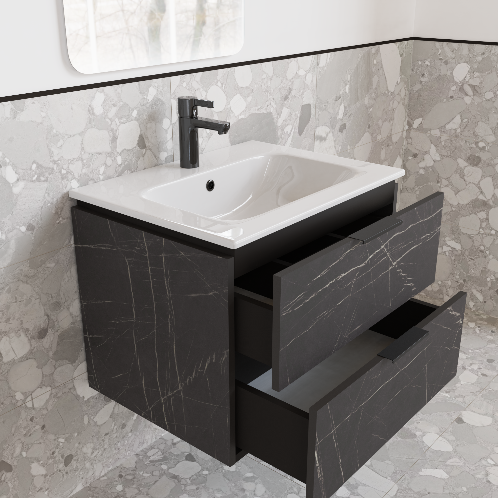 Тумба подвесная с раковиной MVK Vostok Icon 60 В2 600х450х530 мм Камень Пьетра Гриджо Черный (p260pg) - фото 3