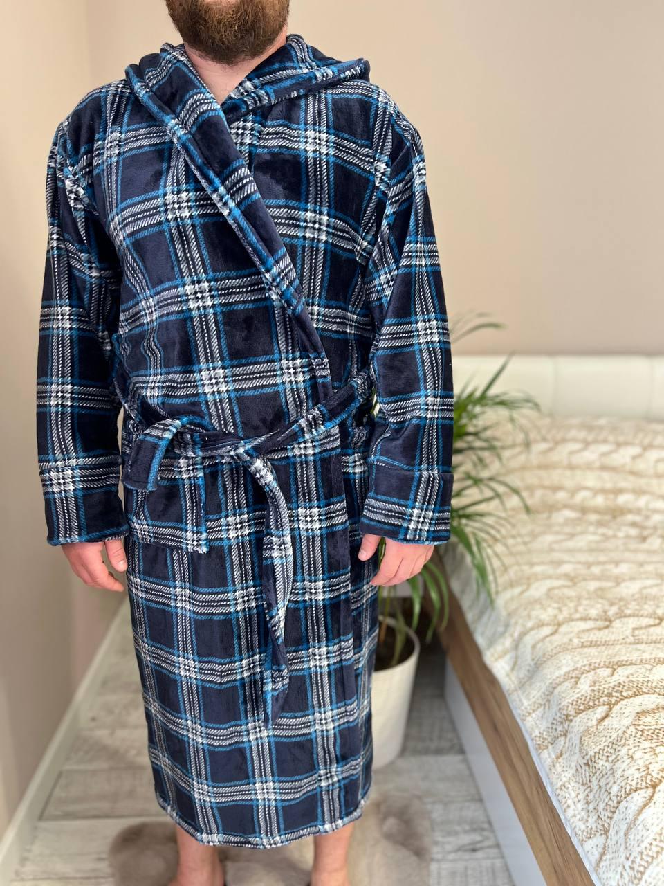 Халат чоловічий махровий в клітинку XL Темно-синій (22936616) - фото 3 Халат чоловічий махровий в клітинку XL Темно-синій (22936616) - фото 3