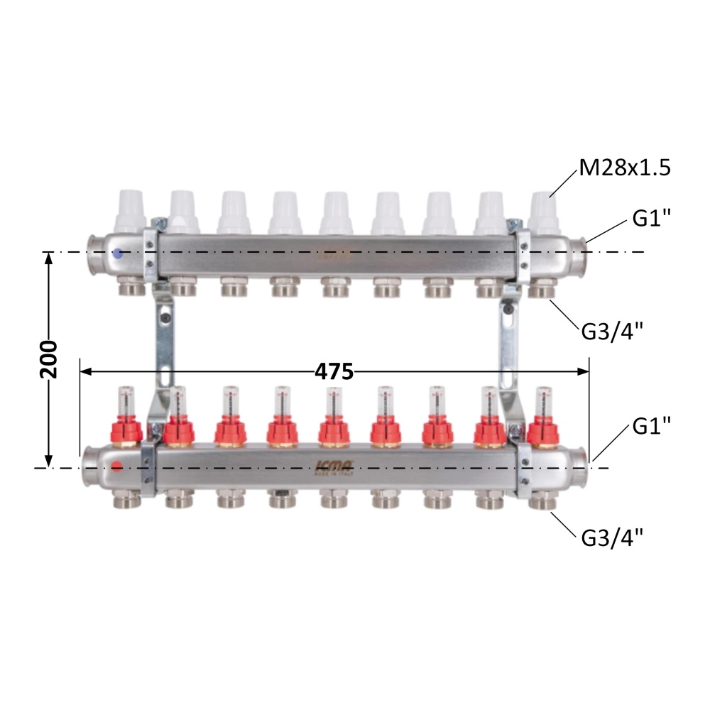 Коллектор ICMA №К073 из нержавеющей стали распределительный с расходомером 1" 9 выходов (SD00053737) - фото 8