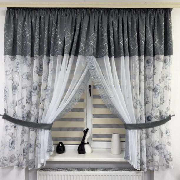 Комплект штор на кухню шифон/батист 550х180 см Білий/Графітовий (465 2)