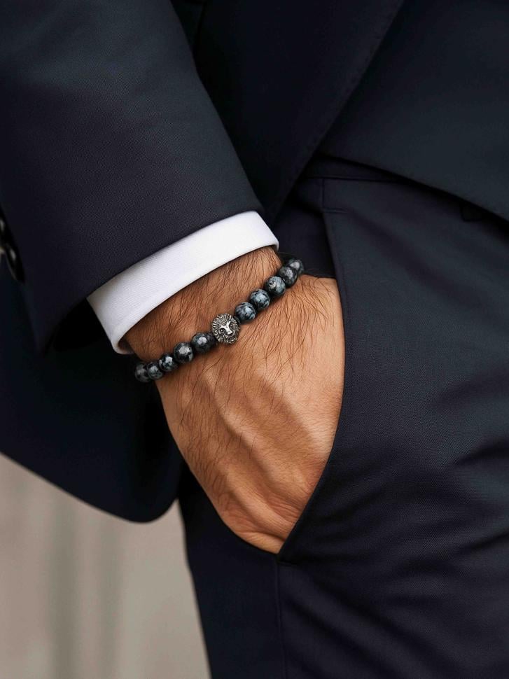 Браслет мужской из обсидиана со львом (4711)