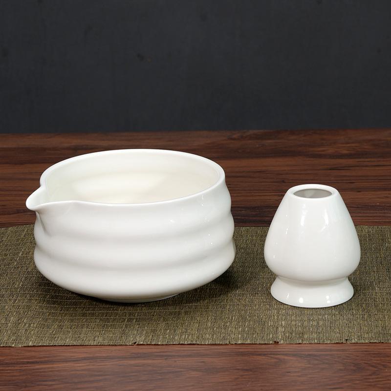 Комплект чаша Чаван/Тяван с носиком керамическая для чая матча с подставкой Кусенаоши венчика часен Белый глянец (KC23W)