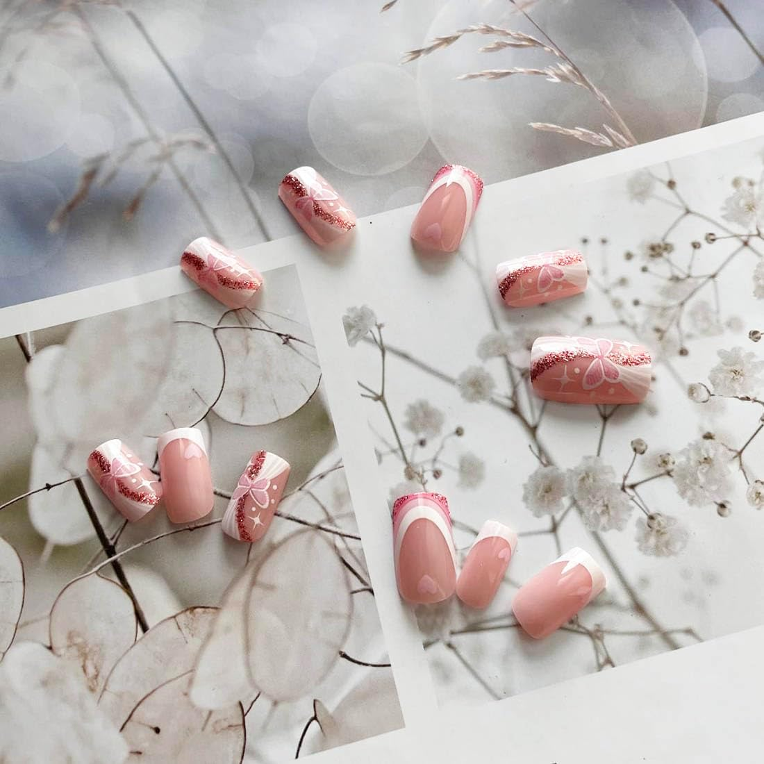 Ногти накладные френч Бабочка с сердечками квадрат средней длины с клеевыми стиками 24 шт. Белый с розовым (3000003697) - фото 6 Ногти накладные френч Бабочка с сердечками квадрат средней длины с клеевыми стиками 24 шт. Белый с розовым (3000003697) - фото 6