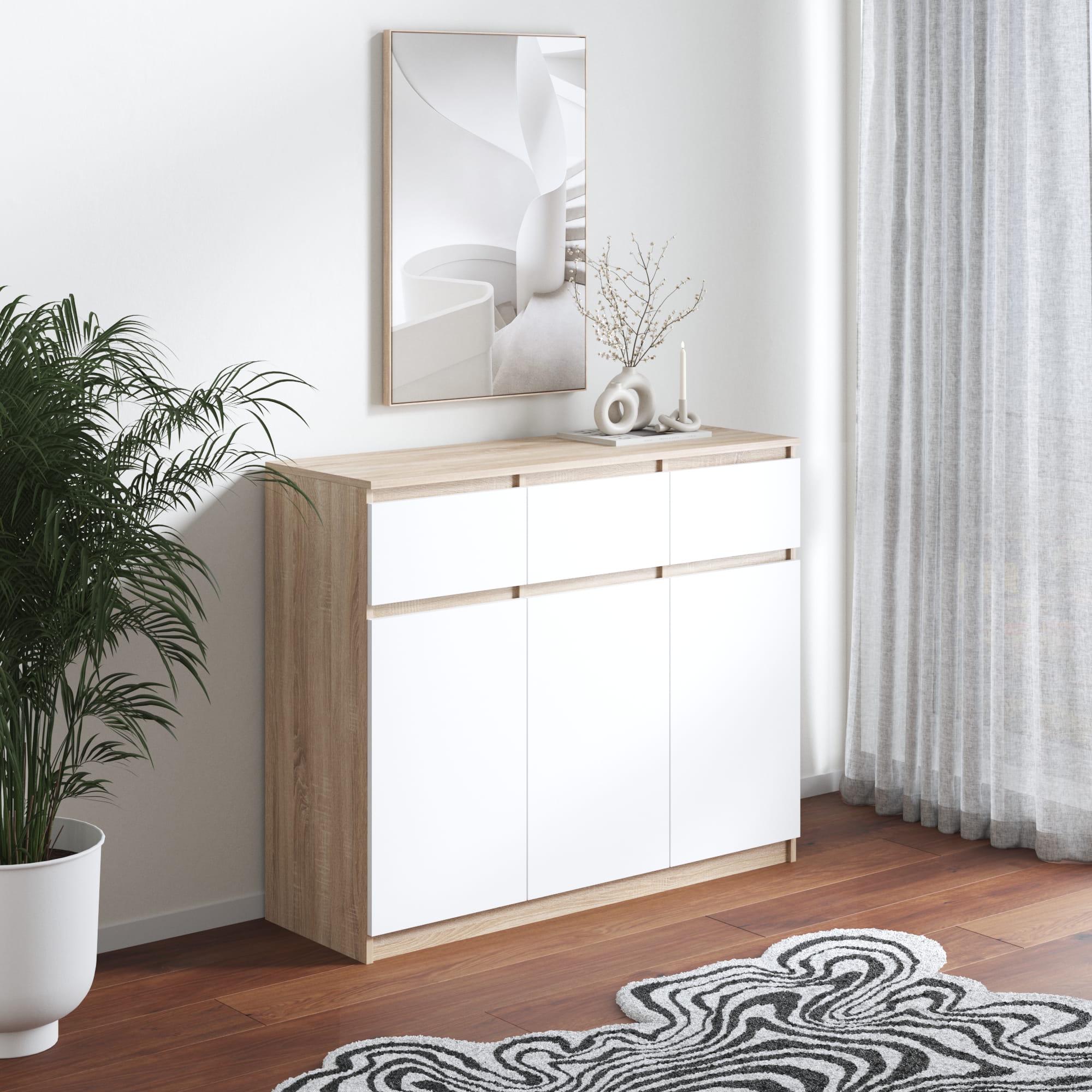 Комод №3 на 3 ящика и на 3 двери ЛДСП без ручек Дуб сонома/Белый (372189)