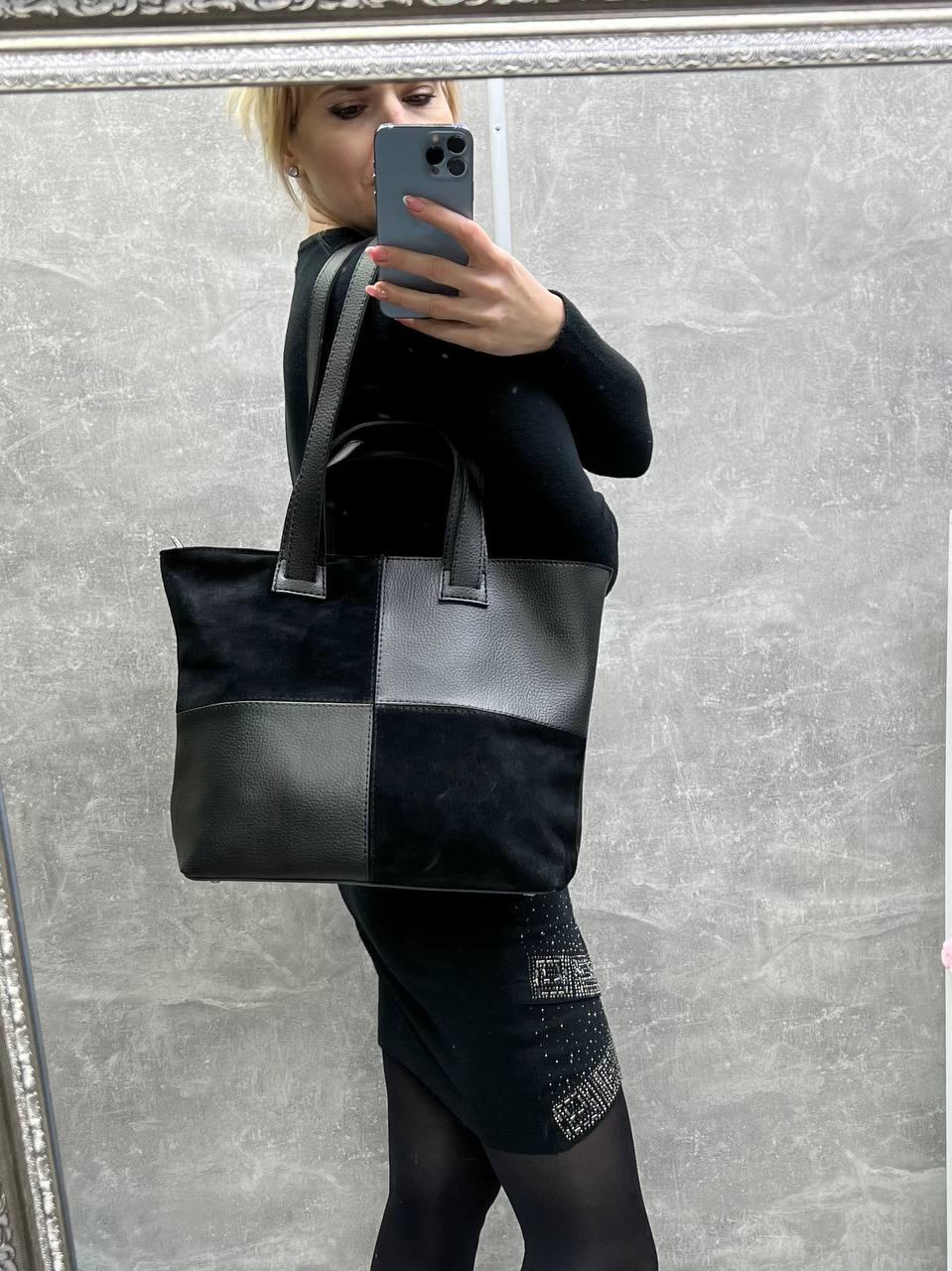 Сумка красивая женская на плечо замш большая экокожа вмещает А4 Черный - фото 7