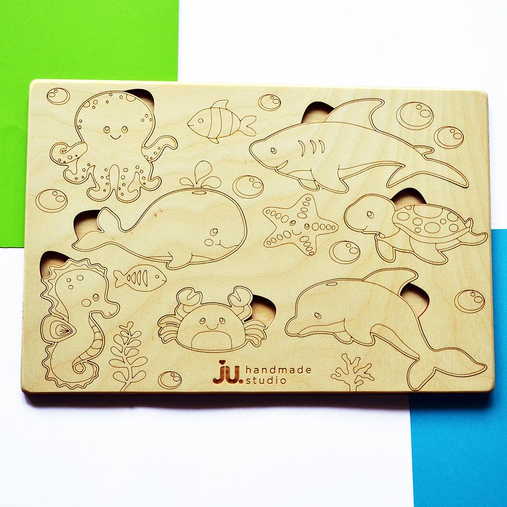 Деревянный пазл сортер Морские жители 30х20 см