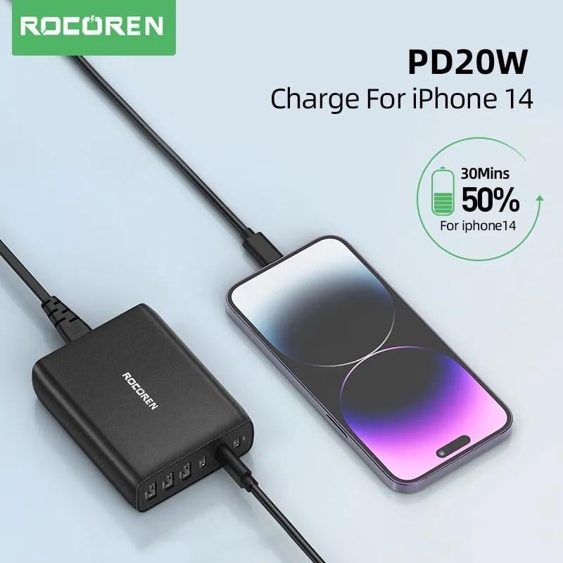 Зарядний пристрій мережевий Rocoren Gan Desktop Charger 100w 3 Type-C/3 USB PD 30w (25397440) - фото 3 Зарядний пристрій мережевий Rocoren Gan Desktop Charger 100w 3 Type-C/3 USB PD 30w (25397440) - фото 3