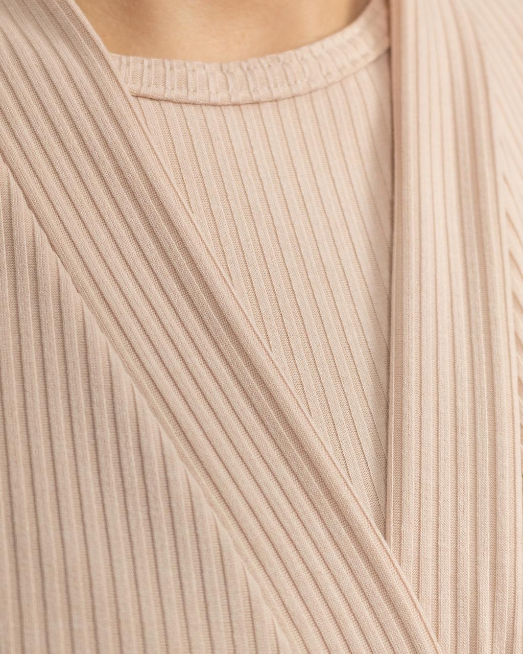 Пижамный женский комплект тройка в рубчик халат/футболка с шортами Кремовый (2134747962) - фото 9