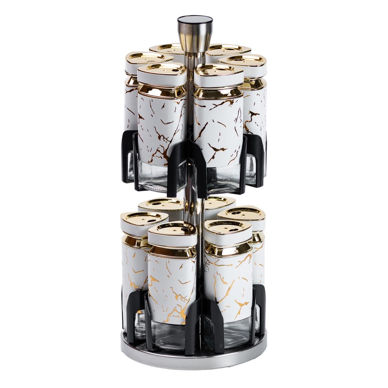 Набор для специй на подставке карусель12 баночек по 120 мл Белый мрамор