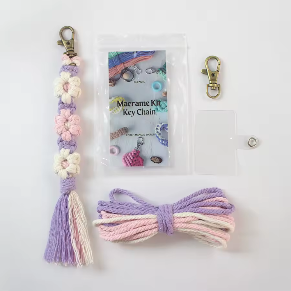Набор макраме для рукоделия для ручного вязания плетеного брелока Цветы для ключей трехцветный 20х2,2 см Фиолетовый/Розовый/Белый Набор макраме для рукоделия для ручного вязания плетеного брелока Цветы для ключей трехцветный 20х2,2 см Фиолетовый/Розовый/Белый