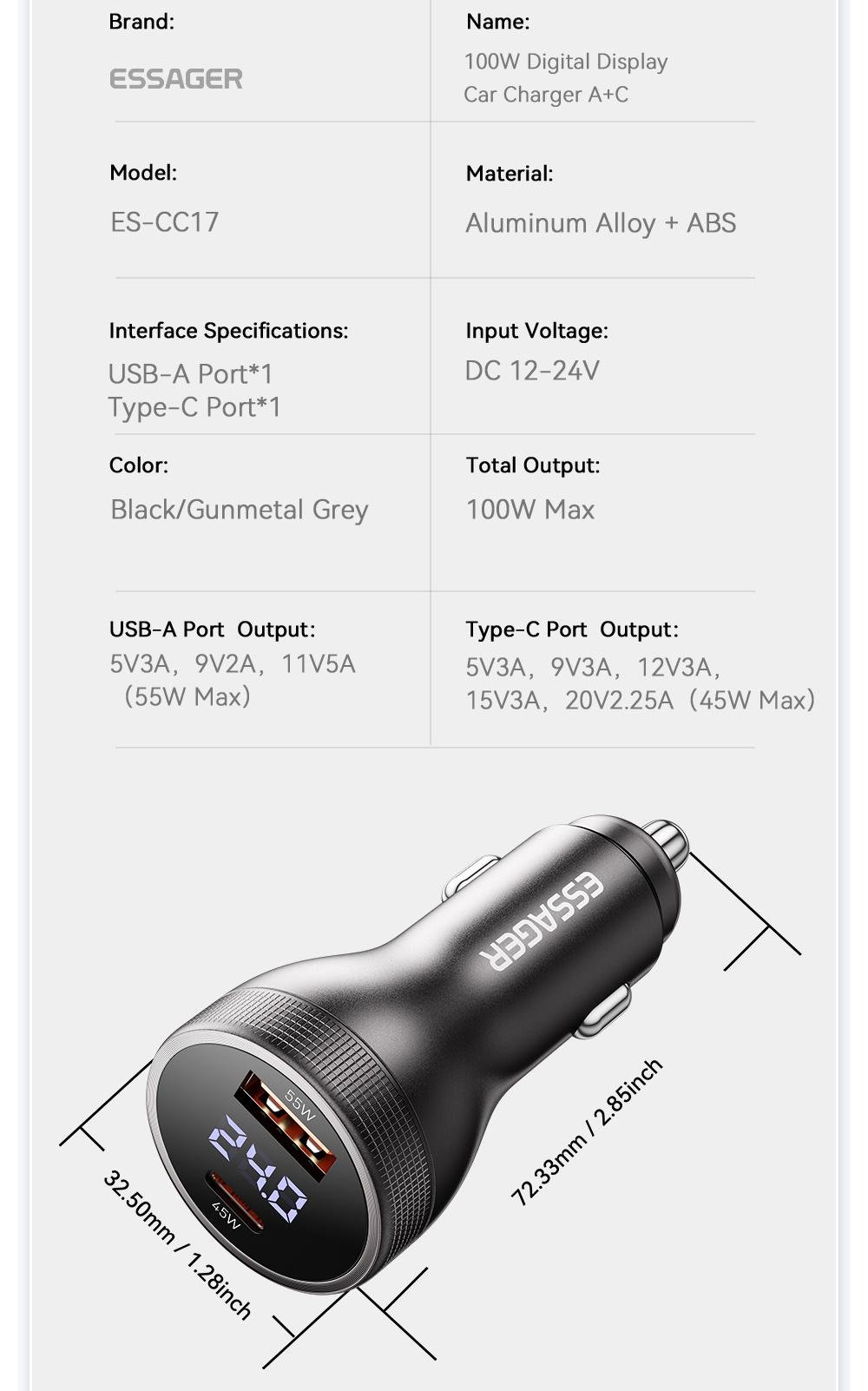 Зарядное устройство для автомобильного Essager 100W LED Type-C 45w/USB 55w (30446385) - фото 9 Зарядное устройство для автомобильного Essager 100W LED Type-C 45w/USB 55w (30446385) - фото 9