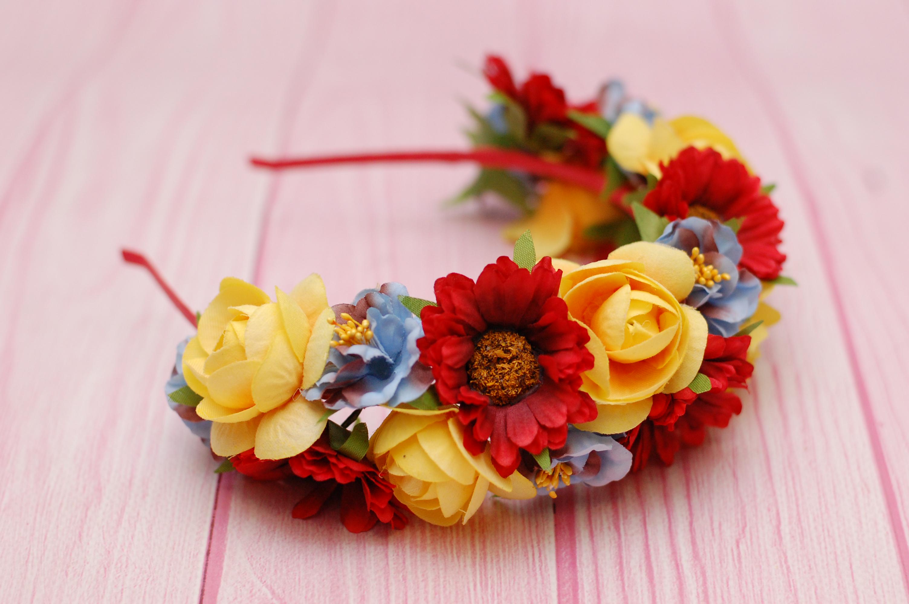 Обруч для волос с цветами Желтый-голубой/Красный (548)