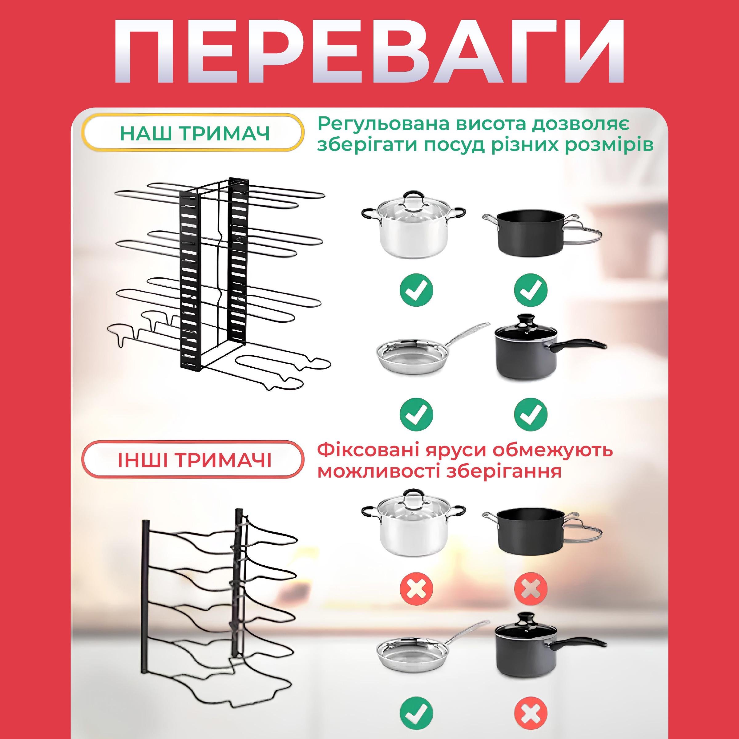 Органайзер для каструль/кришок/сковорідок Kayfovo KS-83 регульований металевий для кухні (29107) - фото 2 Органайзер для каструль/кришок/сковорідок Kayfovo KS-83 регульований металевий для кухні (29107) - фото 2