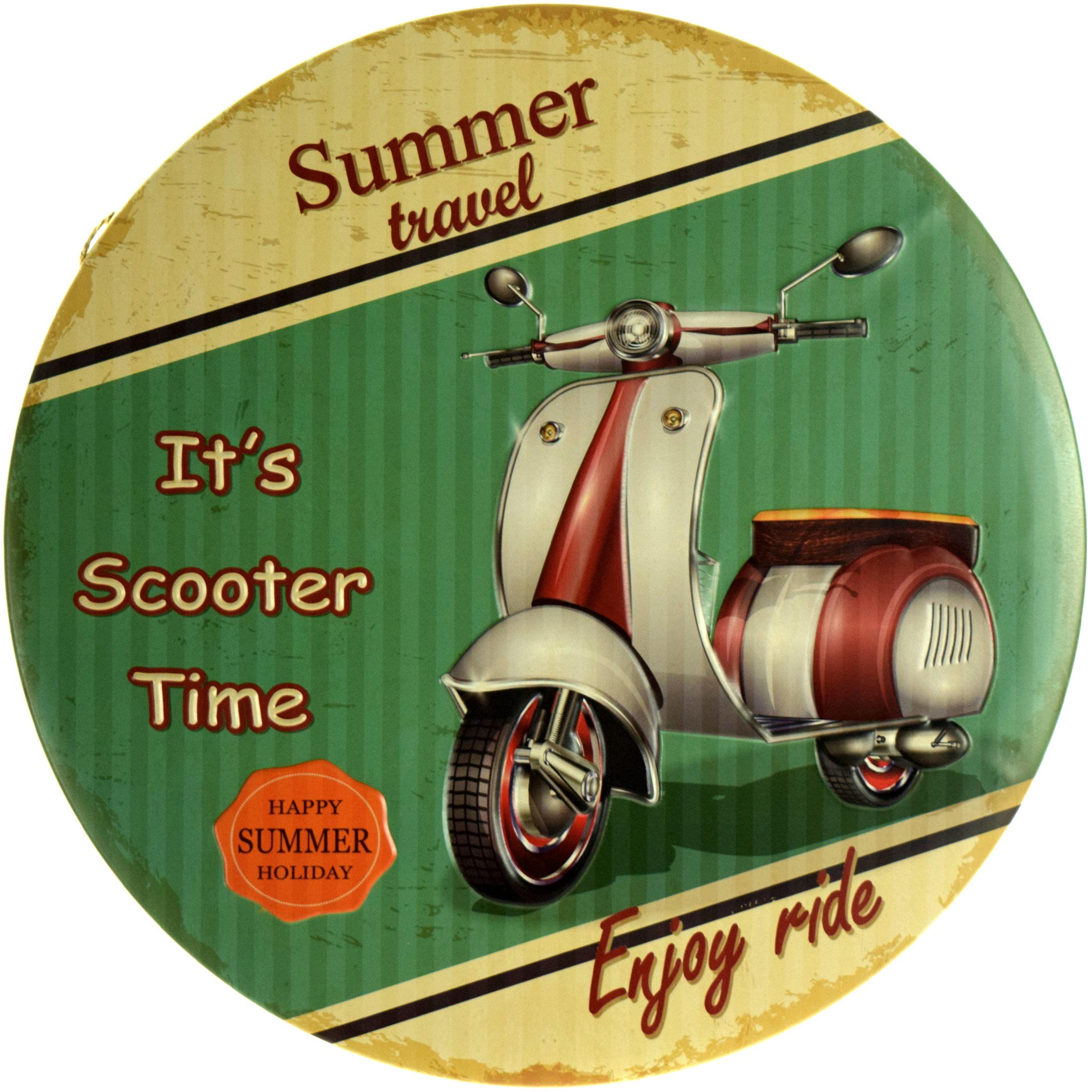 Табличка металлическая Летнее Путешествие Время Скутера/Summer Travel It's Scooter Time круглая 30 см