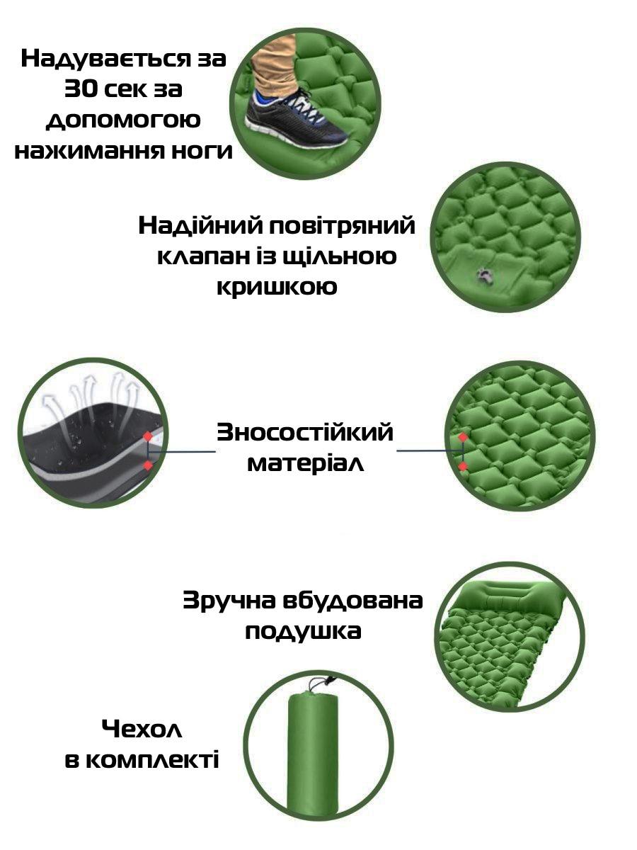 Матрац надувний туристичний Sleeping Pad з подушкою м вбудованим насосом 180х65 см Green (3_05011) - фото 6