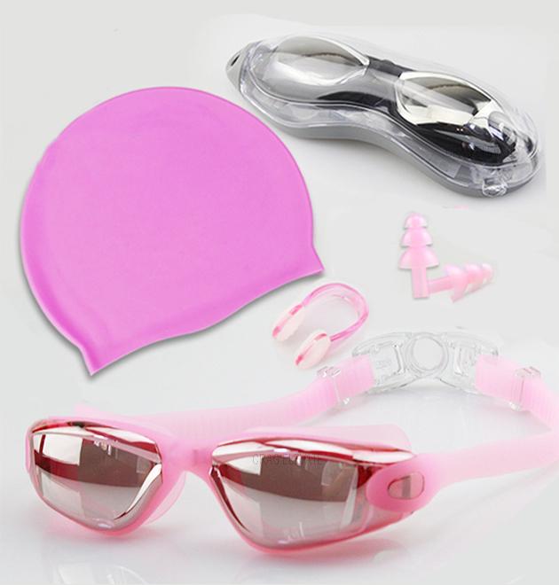 Очки и шапочка для плавания женская с берушами и зажимом для носа в бассейн в футляре Розовый
