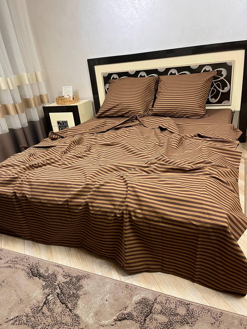 Комплект постельного белья Полоска простыня на резинке двуспальный 180x200х20/70х70 см Коричневый (14894339)
