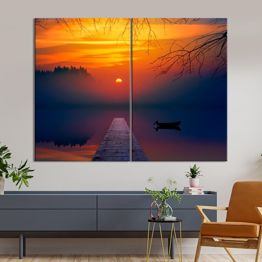 Картина природа Лодка на вечернем озере 111x81 см (A1114-2)