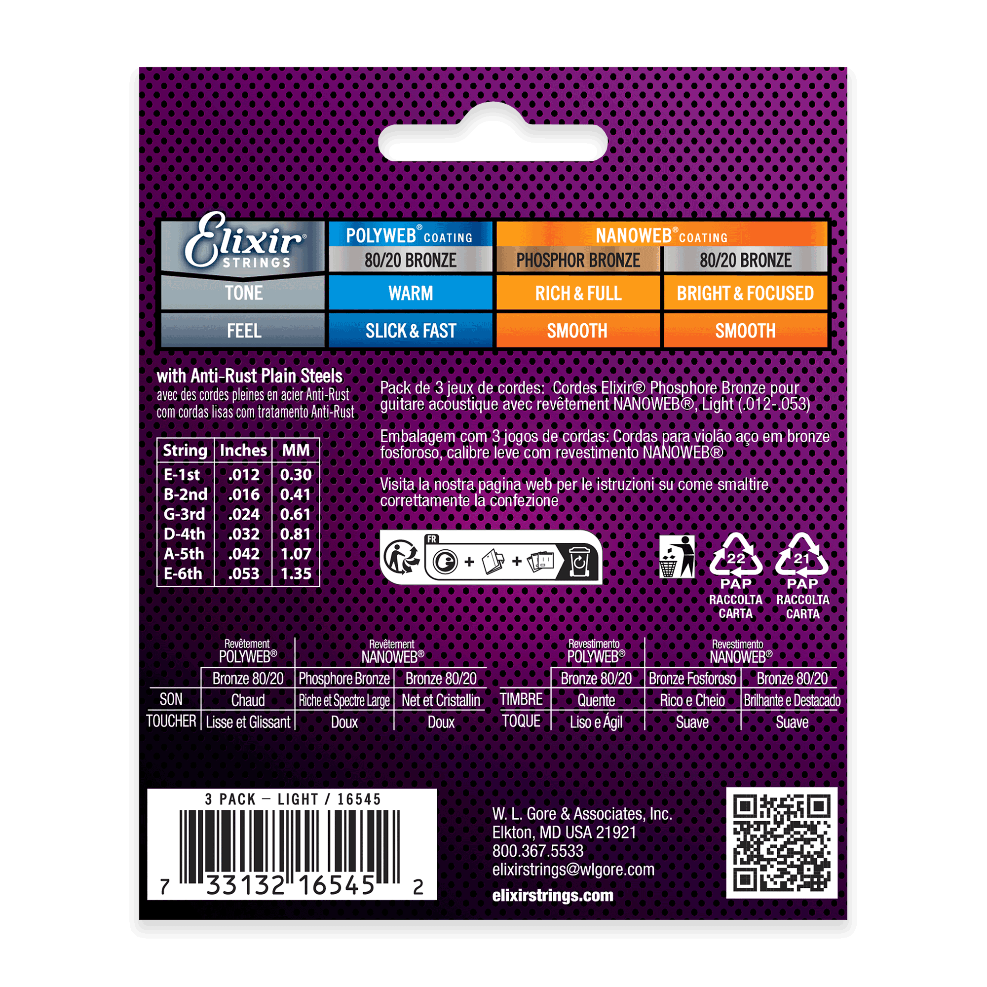 Струны для акустической гитары Elixir Nanoweb Phosphor Bronze 16545 12-53 3 комплекта (128609) - фото 3