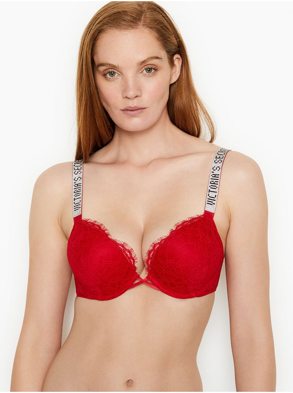 Бюстгальтер з пуш ап зі стразами Victoria's Secret Bombshell Add-2-Cups Shine Strap Lace Push-Up Bra 80В Червоний (19557972)