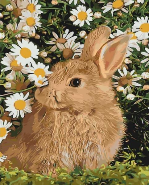 Картина по номерам Strateg Животные Пушистый зайка среди цветов 40х50 см в термопакете (SY6080-mt)