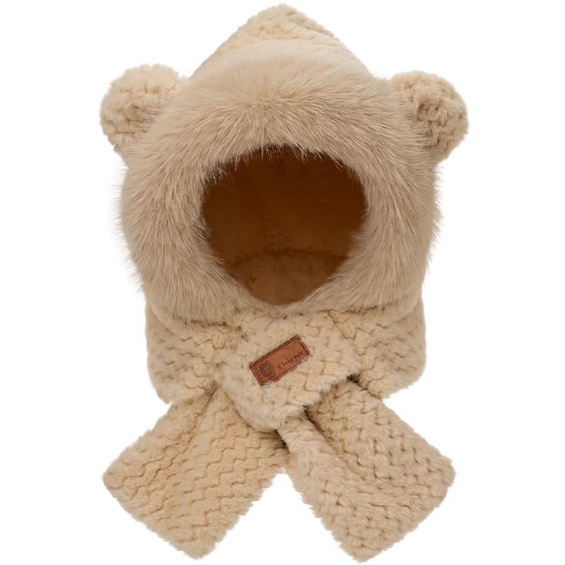 Шапка женская зимняя с ушками и шарфом Темно-бежевый