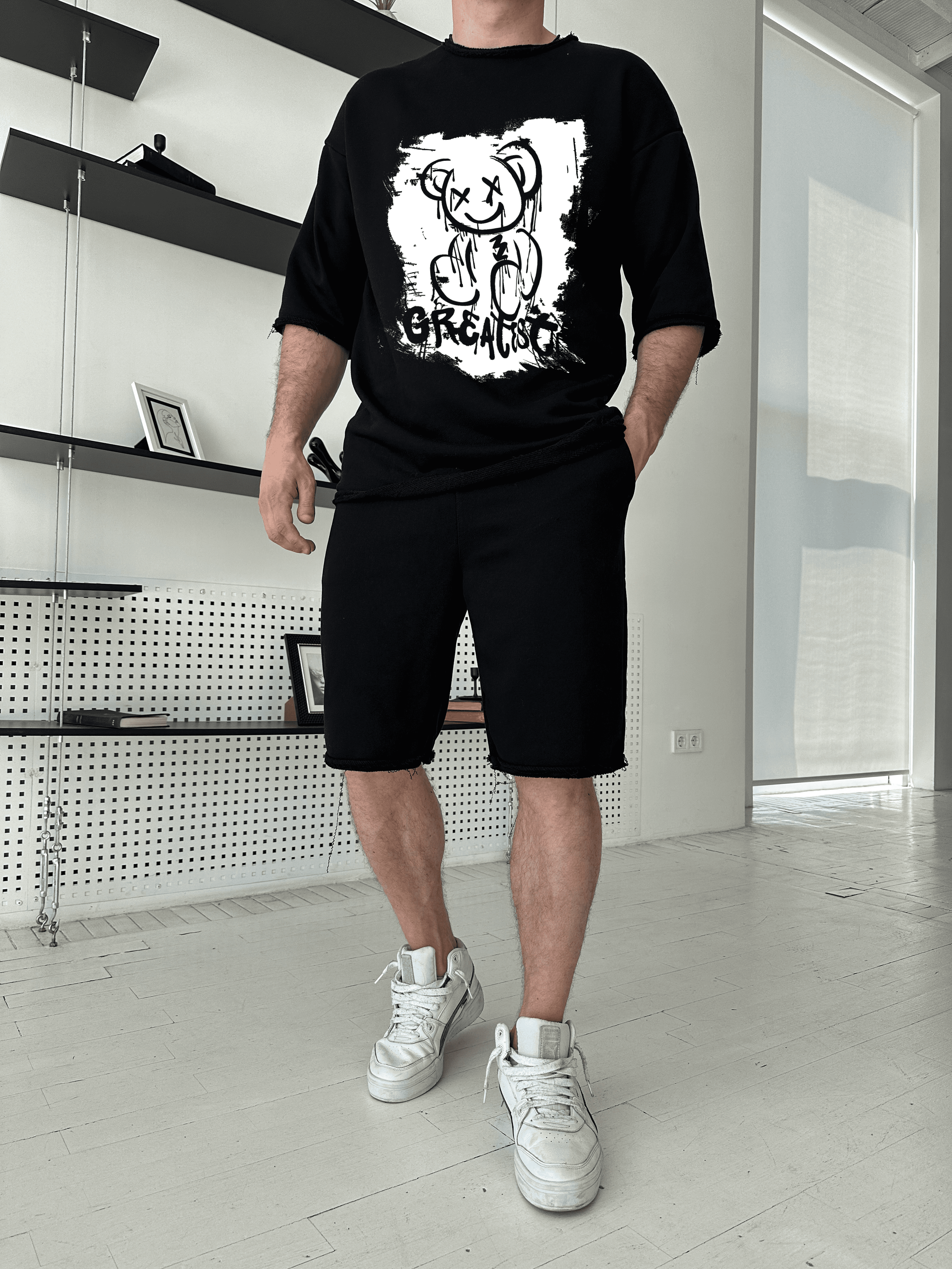 Футболка и шорты ДТФ петля оверсайз 53-197 XXL Черный (47002)