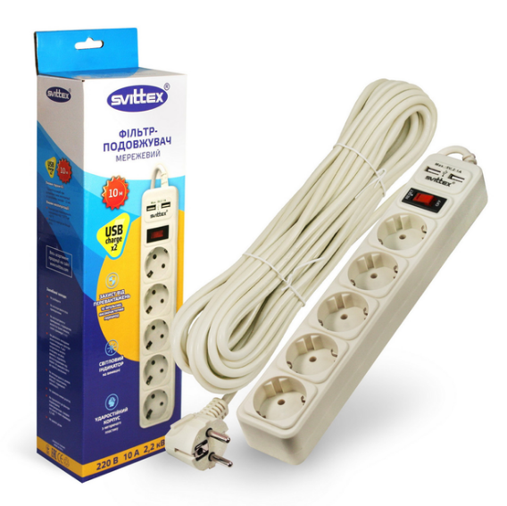 Фільтр мережевий SVITTEX 5 гнізд 10 м 2хUSB 5V 2,1A (29279516)