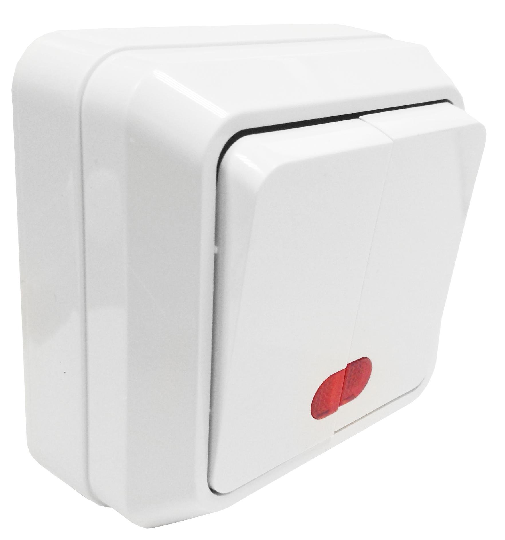 Выключатель двухклавишный с подсветкой 10А RODINA Белый