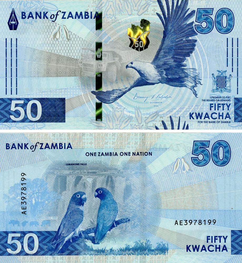 Банкнота колекційна Замбія 50 квач 2024 2025 UNC Папуги (PW64)
