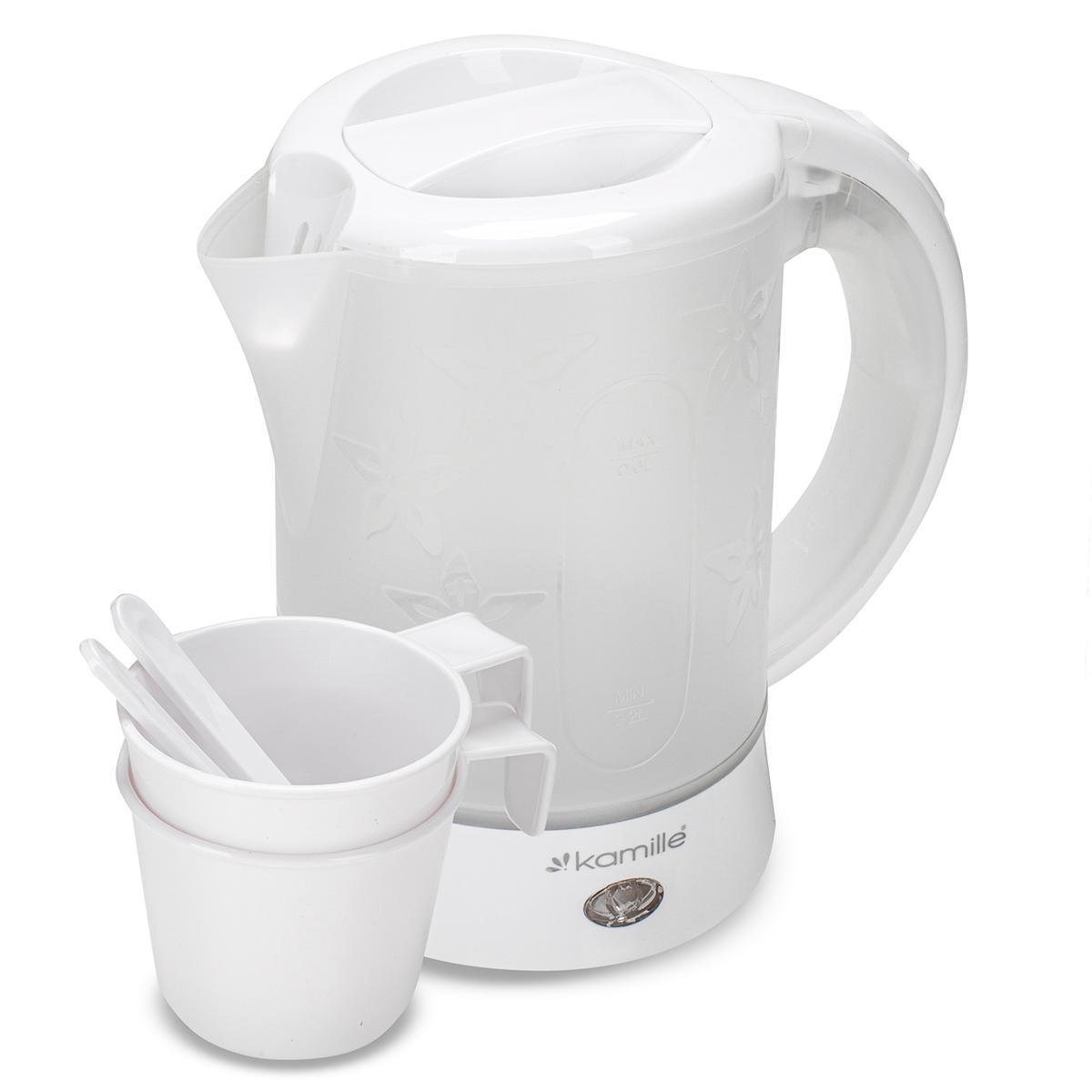 Електрочайник дорожній Kamille KM-1718A пластиковий з кружками та ложками 650 W 0,6 л Білий (124-84-1718A)