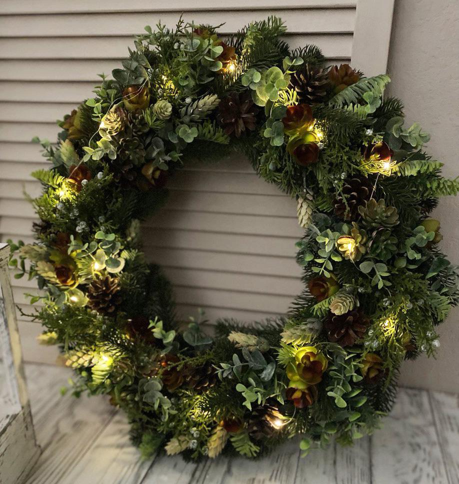 Венок новогодний со светодиодной гирляндой 50 см Зеленый (9073729)