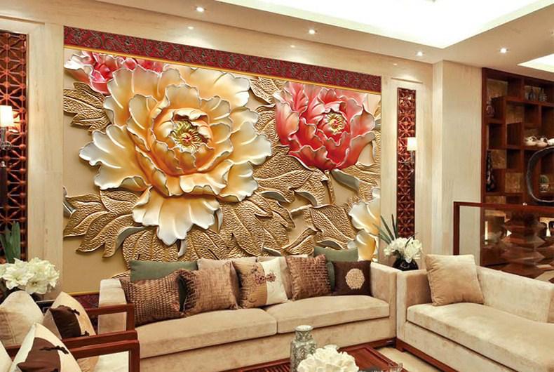 Фотообои 3D флизелиновые цветочные для спальни/зала/кухни Цветы с золотыми листьями