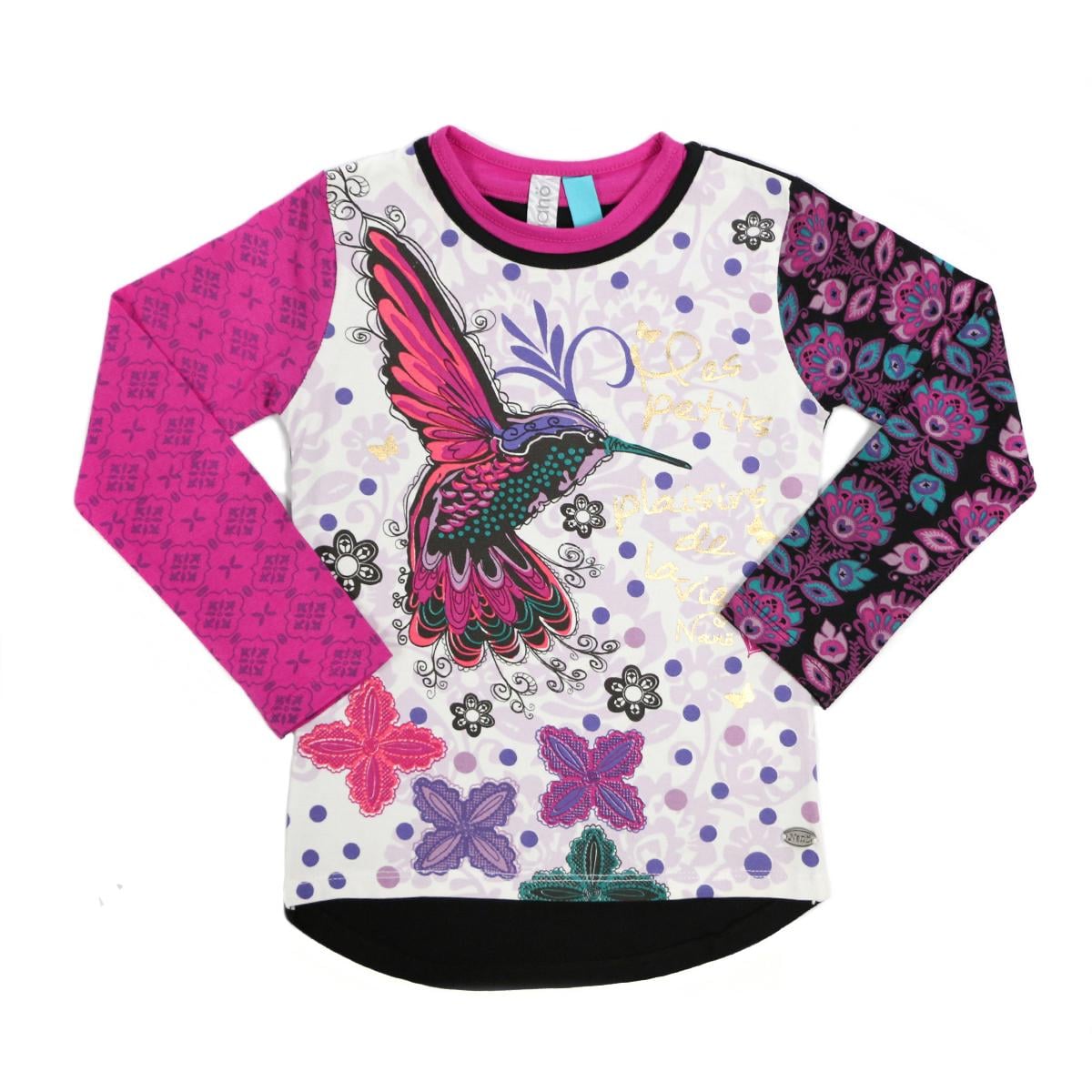 Блуза детская хлопковая трикотажная Nano F1420-06 с ярким принтом Птицы и разноцветными рукавами 108-118 см Бело-малиновый (F1420-06-5)