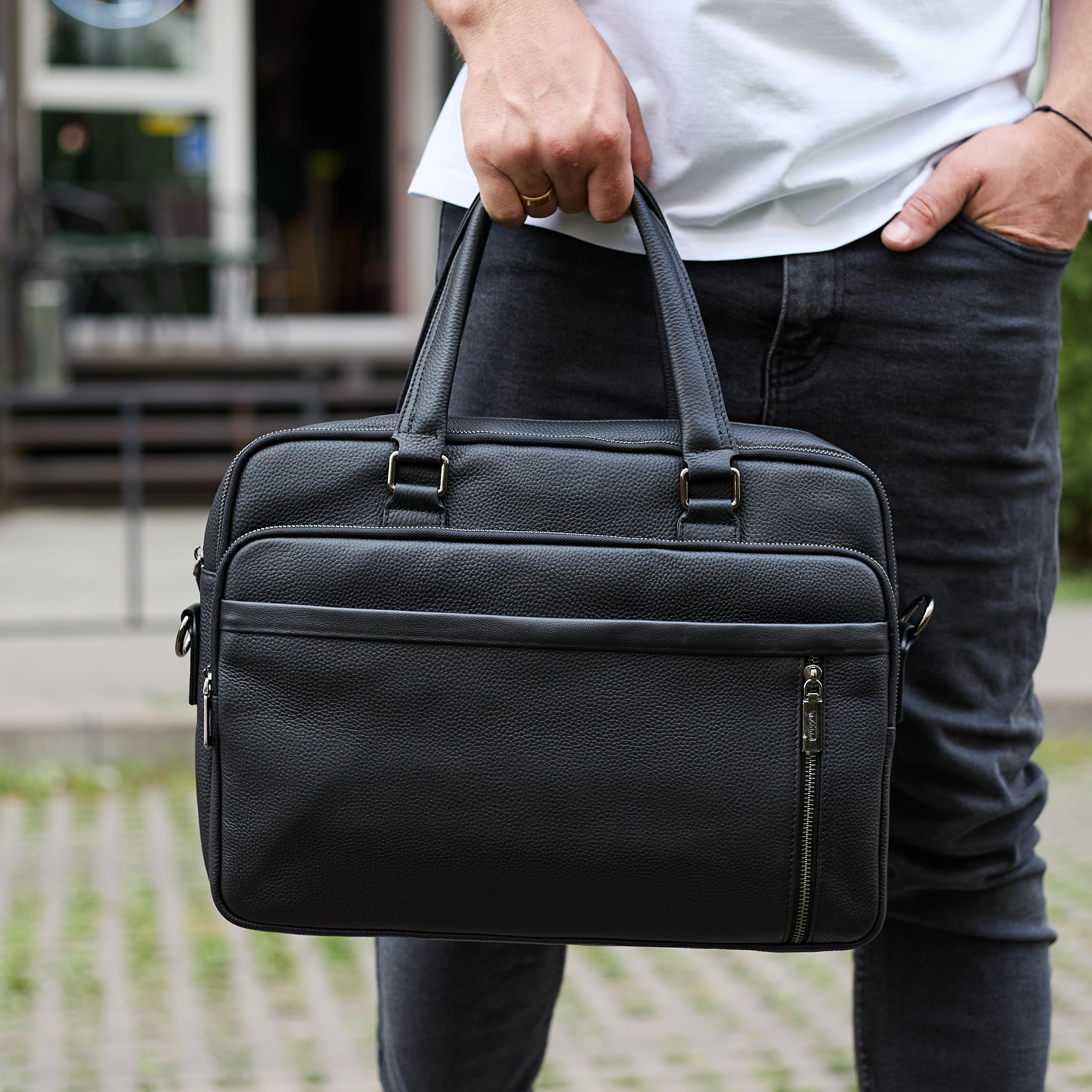 Портфель деловой мужской из кожи Tiding Bag формат А4 с ручкой и ремнем 39х29х10 см Черный