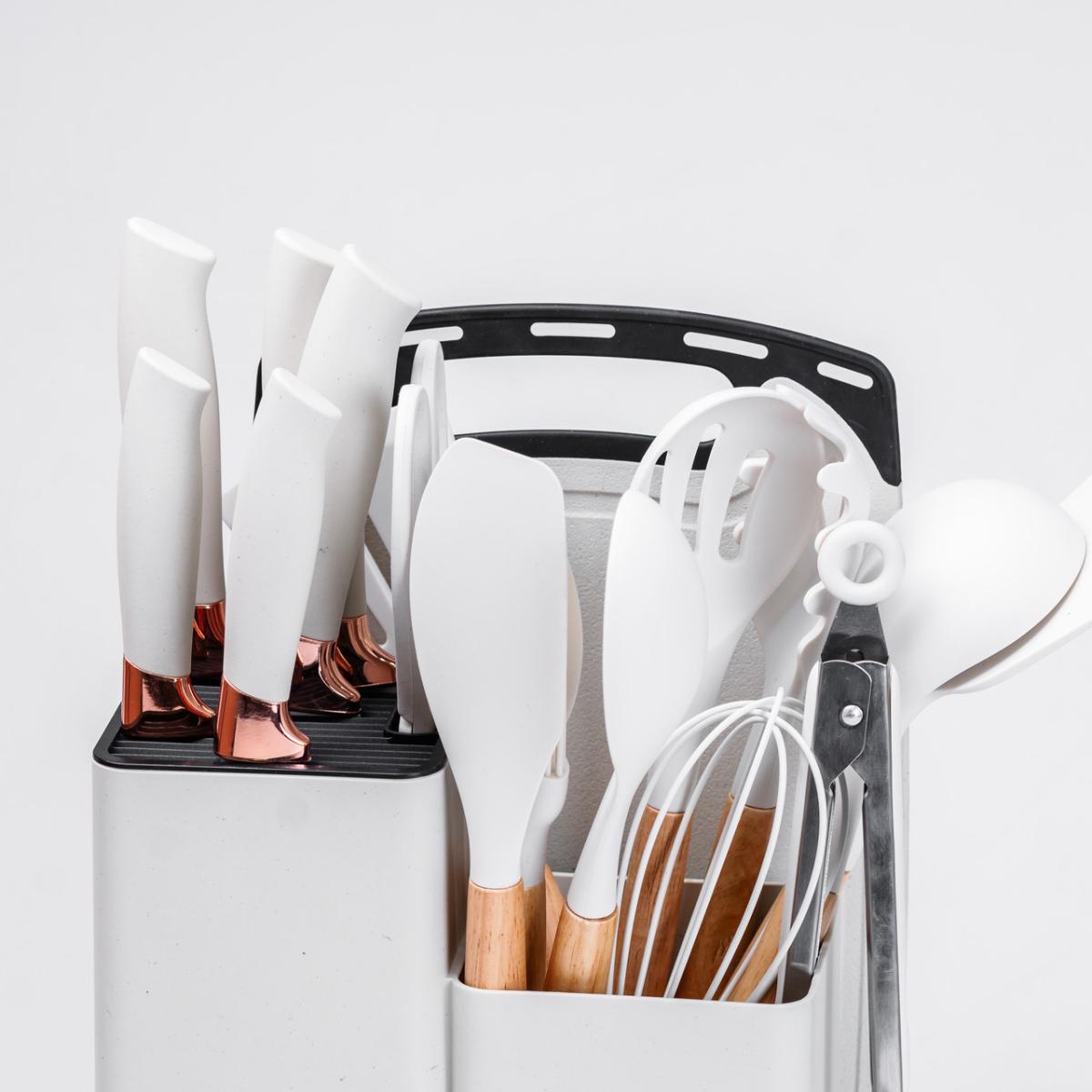 Набор кухонных принадлежностей на подставке из силикона с бамбуковой ручкой 19 шт. Белый (HP4W) - фото 7