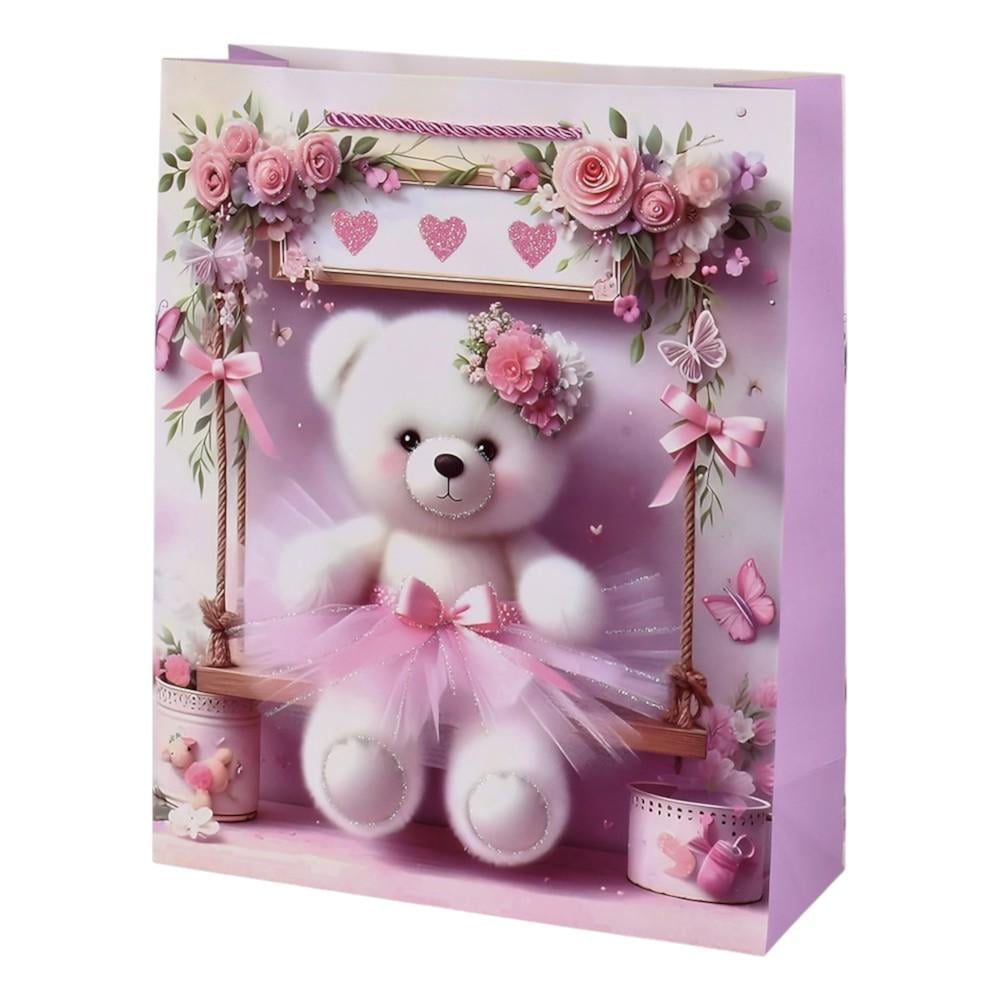 Подарунковий пакет з ручками Stenson Teddy Ведмедик 26х32х12 см з трояндами Рожевий з білим (R98406-M)