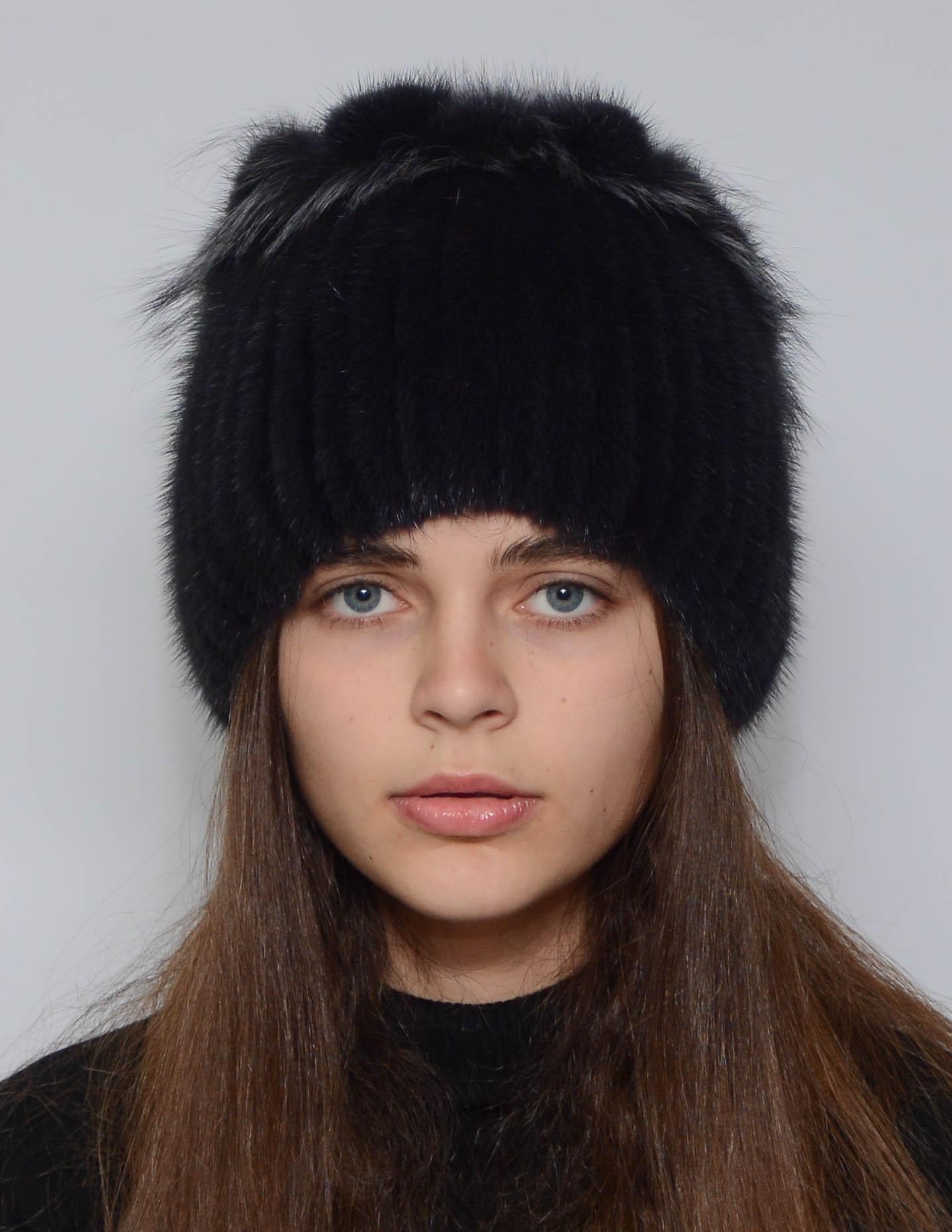 Зимняя шапка из вязаной норки Меховой стиль Петли натуральный мех Баклажан (101/В)