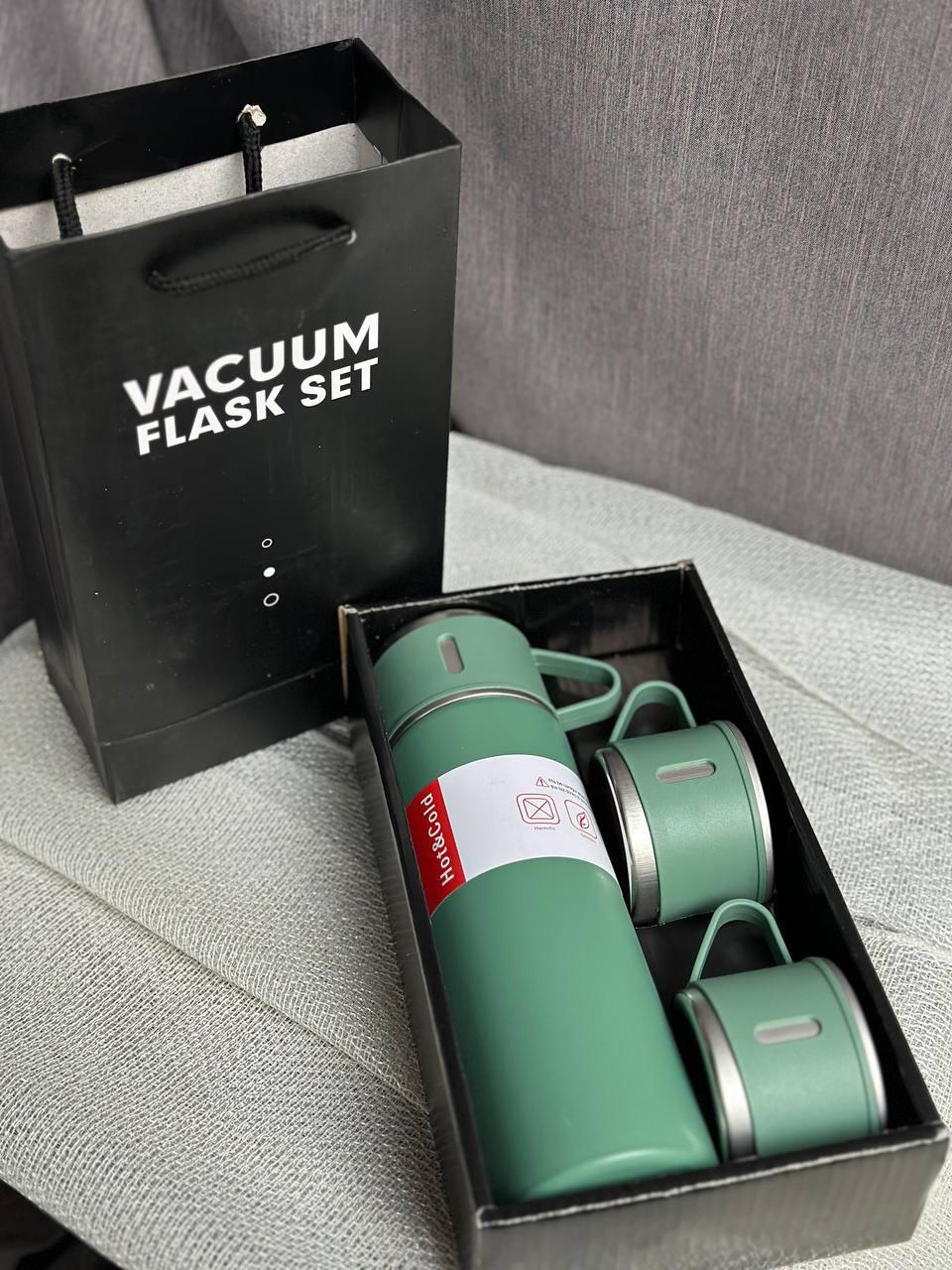 Термос Vacuum Bottle нержавіюча сталь з 3 кухлями у подарунковому пакеті 500 мл Зелений (23100985)