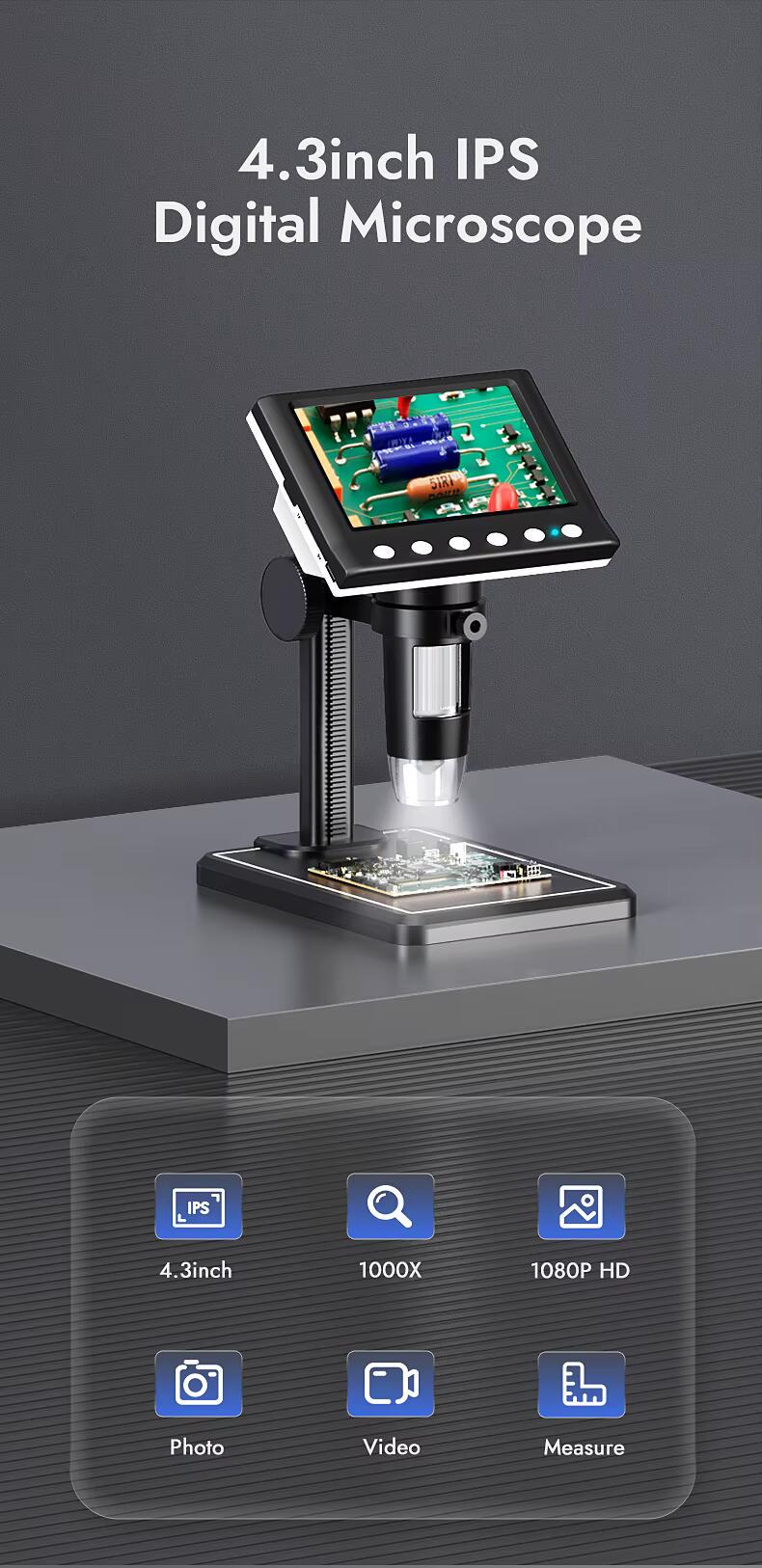 Мікроскоп цифровий RIEVBCAU DM7-Z01C монітор 4,3" 1500-кратний 1080P для паяння з 8 світлодіодами Black (DM7-Z01C) - фото 5