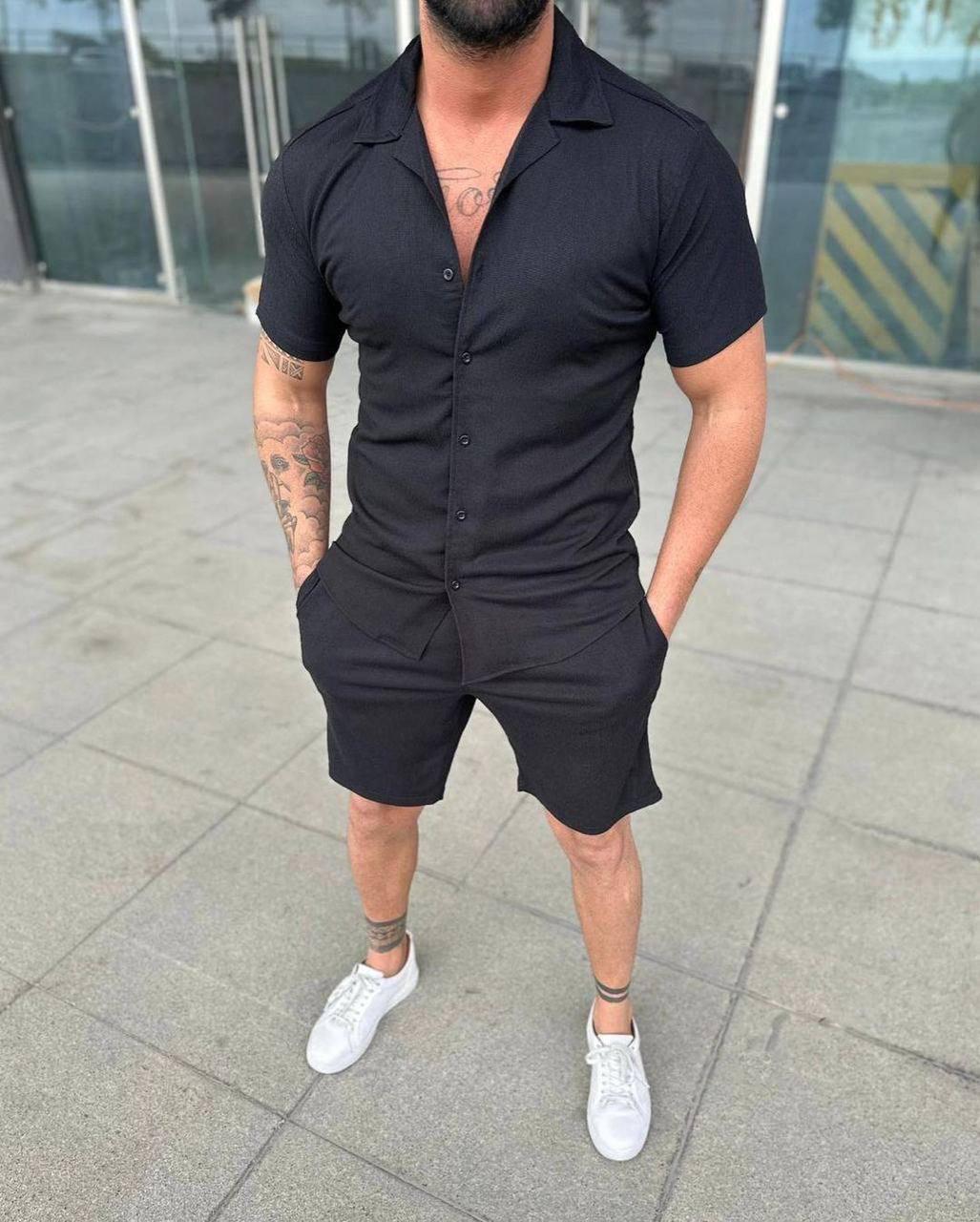 Комплект мужской летний льняной жатка M Черный (24877/1) - фото 1