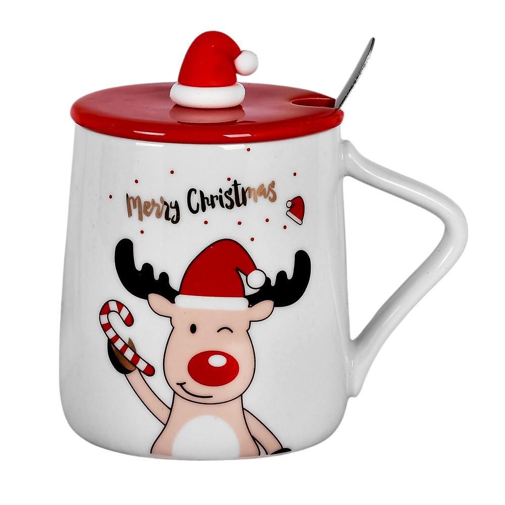 Чашка с крышкой и ложкой новогодняя Stenson Santa&Co фарфоровая 360 мл Белый с красным (R33365) Чашка с крышкой и ложкой новогодняя Stenson Santa&Co фарфоровая 360 мл Белый с красным (R33365)