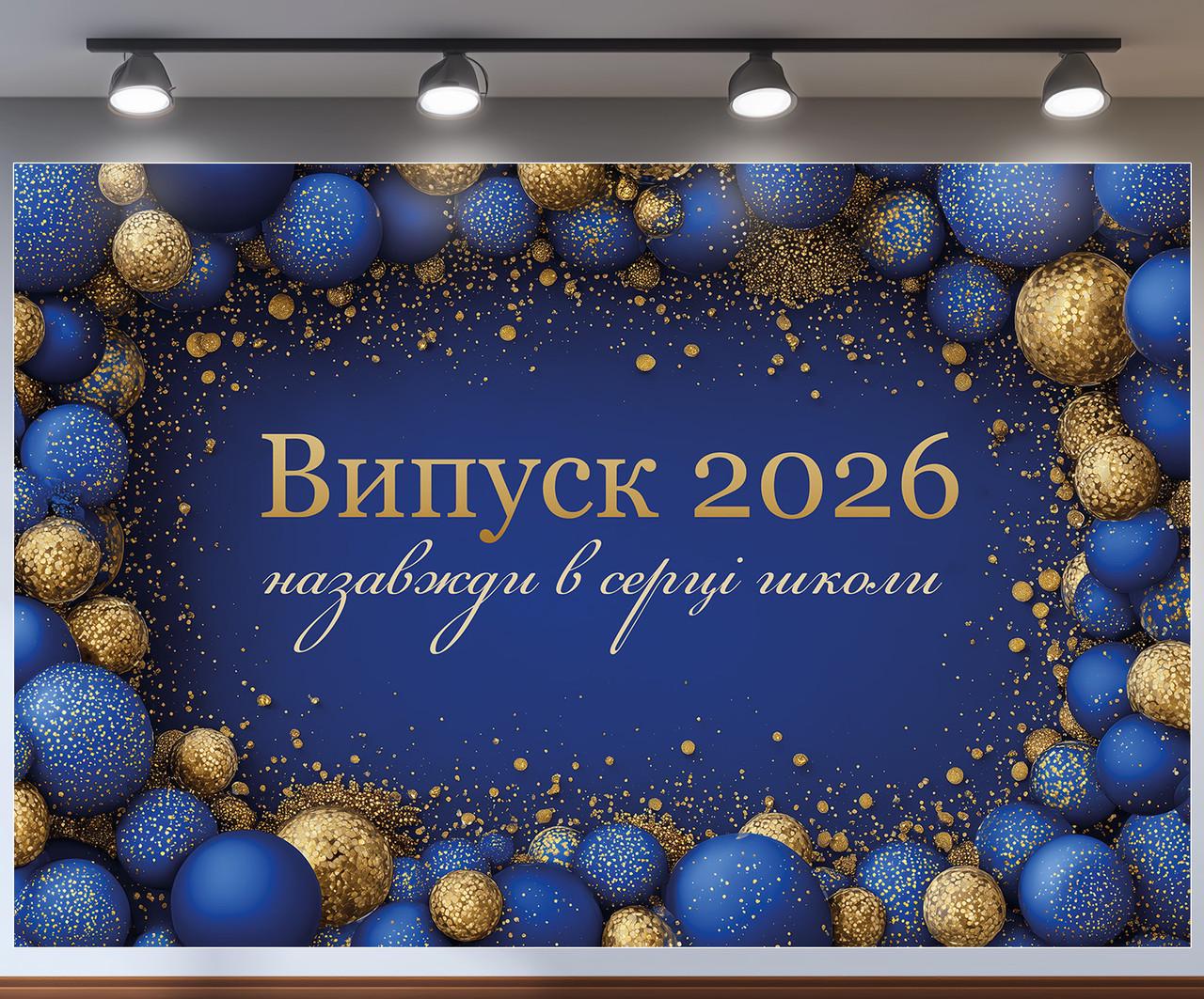 Баннер для фотозоны "Випуск 2026" синий с золотыми шариками и глитером 300x200 см №41382 Баннер для фотозоны "Випуск 2026" синий с золотыми шариками и глитером 300x200 см №41382