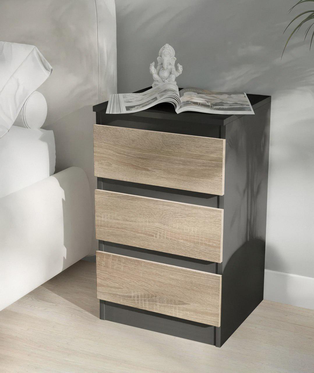 Тумба прикроватная на 3 ящика FT-216 400x398x758 мм Антрацит/Дуб Сонома