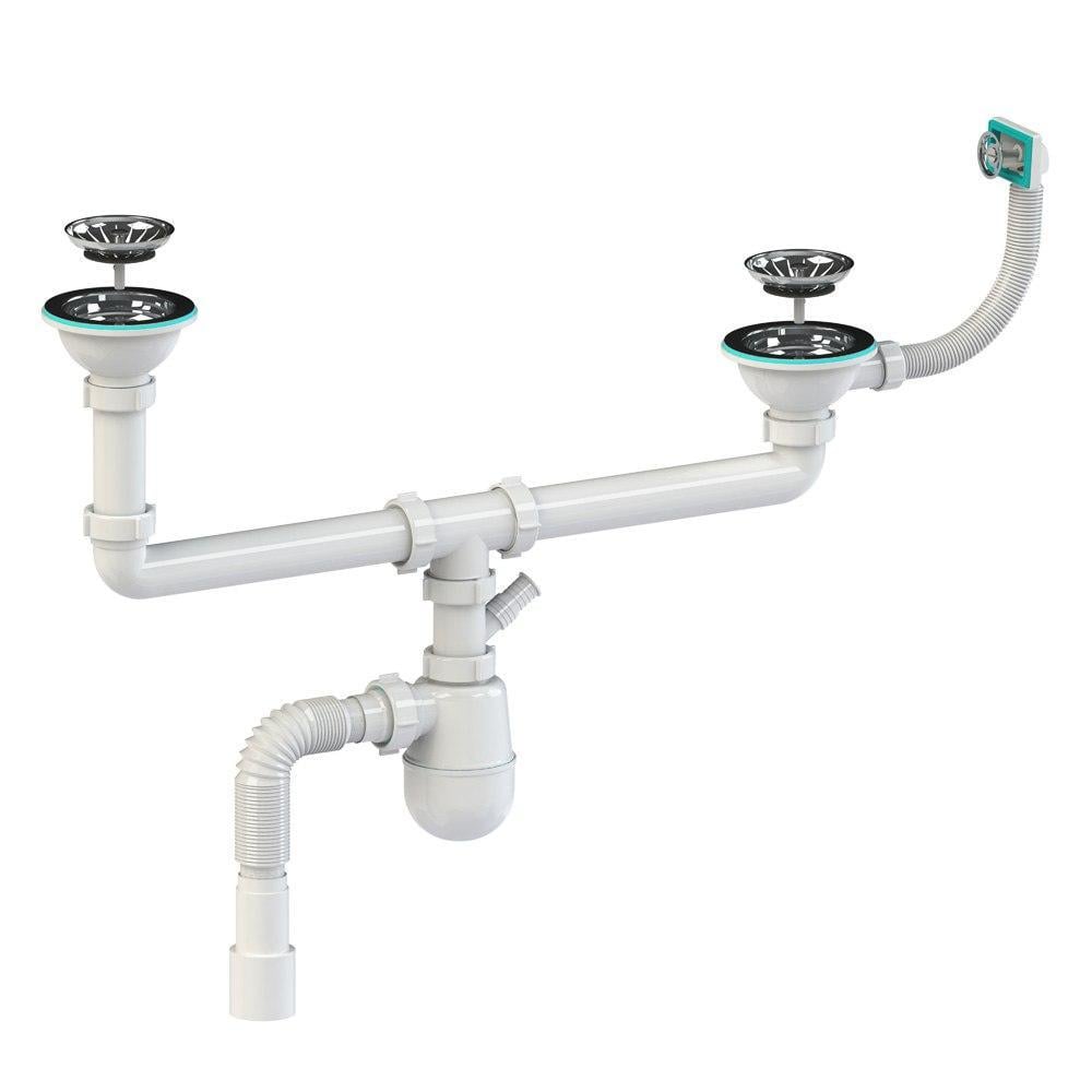 Сифон для подвійної мийки різного рівня SoloPlast К1551 з переливом та відводом для техніки (28144619)