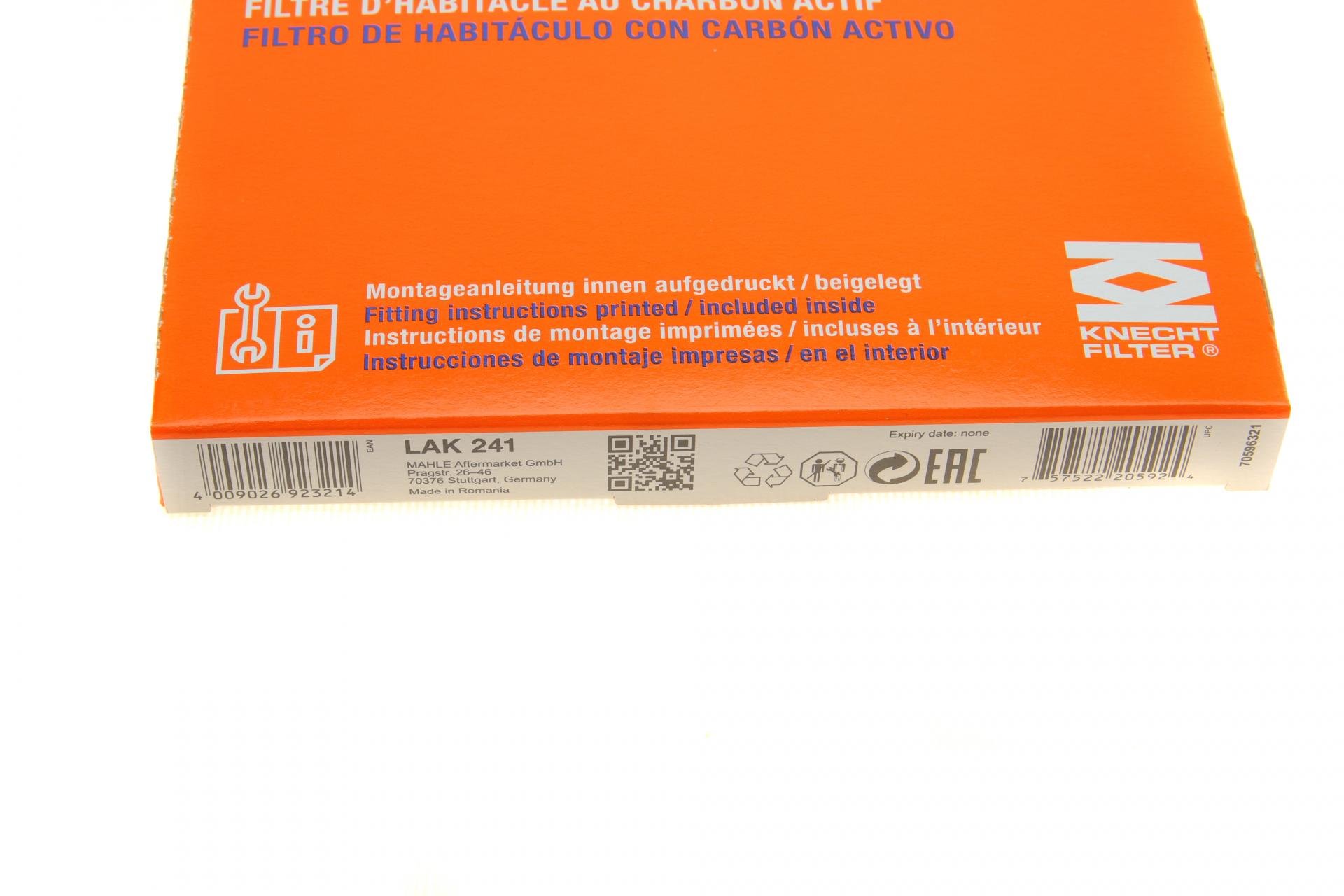 Фильтр салона KNECHT для Fiat Panda 1,1-1,4 JTD 95-/Ford Ka 1,2/1,3 TDCi 08-16 угольный (LAK 241)