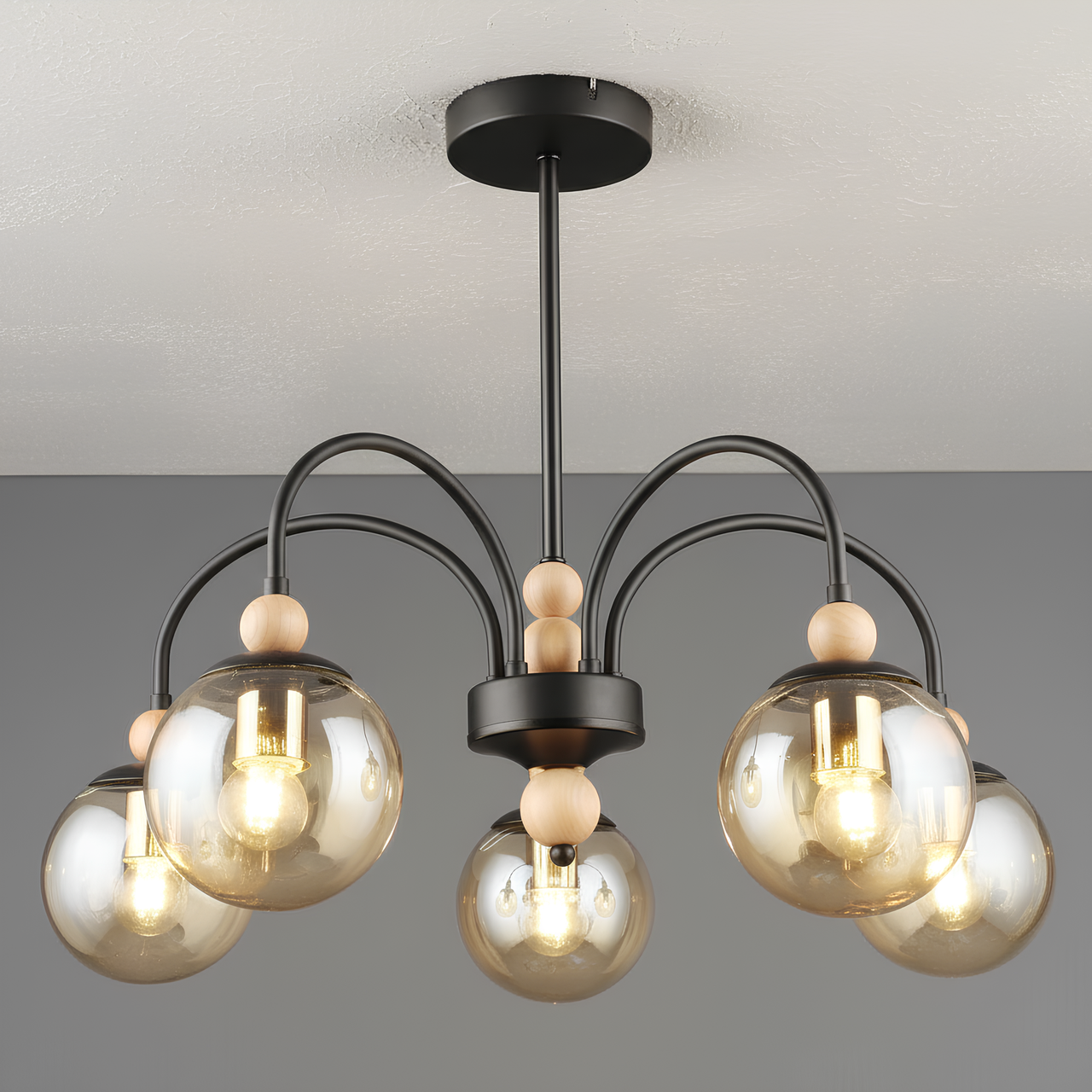 Люстра Valeso с каркасом из металла и дерева под пять ламп Е27 Черный (N6618/5 BK+WOOD)